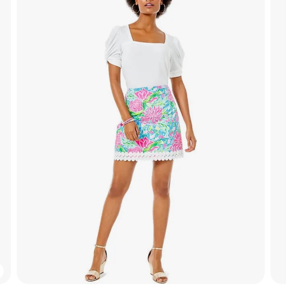 Lilly Pulitzer size 4 Zanzibar blue pink Floral Izzy Skirt w white lace hemline